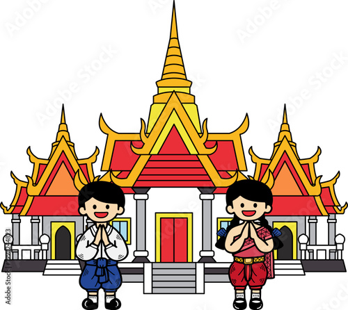 Two Thai children are standing and bowing in front of the temple