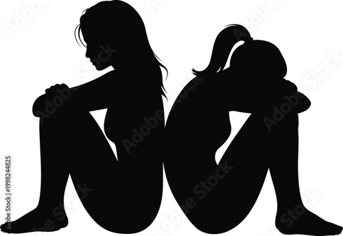 Two Silhouetted Women Sitting Back to Back with Heads Down on White Background Keywords: women, silhouette, sitting, back to back, sad, depressed, lonely, despair