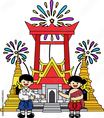 Two Thai children stand in front of a temple and a giant swing