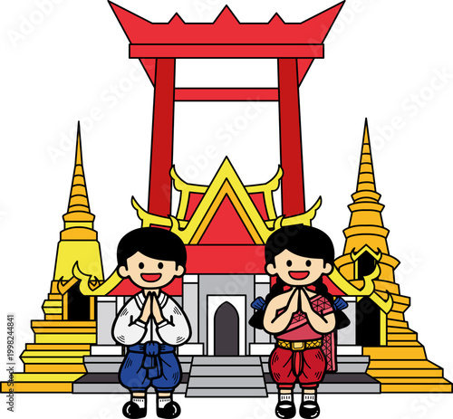 Two Thai children stand and pay respects in front of a temple and a giant swing