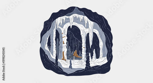 Stylized cave interior with stalactites, stalagmites, and a winding path