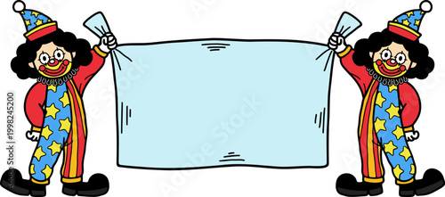 Two clowns are holding a sign together.