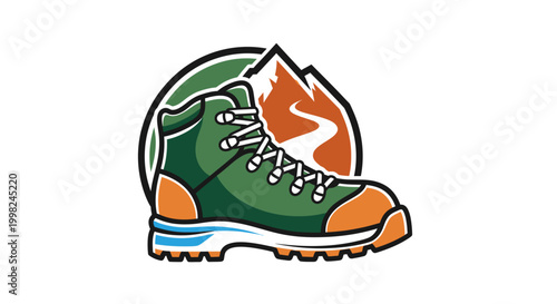 Illustration of a hiking boot with a mountain trail.