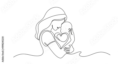 Continuous line drawing of mother holding baby with heart symbol representing love and family bond minimalist vector art for design