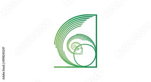 Green Fibonacci spiral pattern on white background.