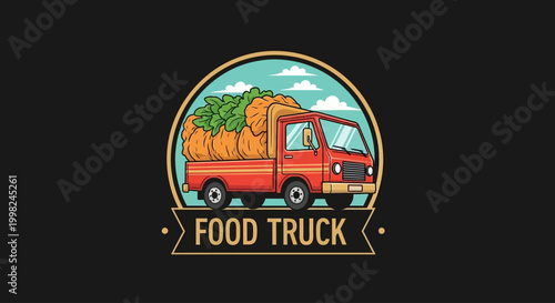 Red food truck loaded with fresh food and vegetables