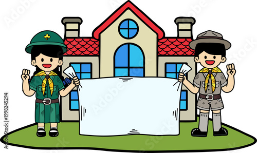 Boy Scouts and Girl Scouts stood holding signs in front of the school