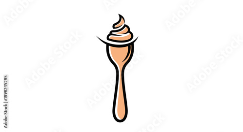 Minimalist vector illustration of a spoon with soft serve ice cream swirl on white background.