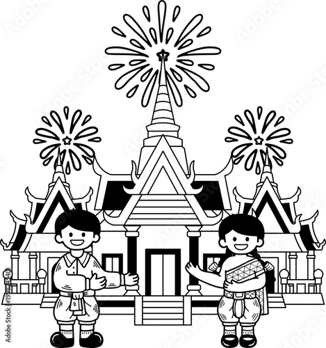 black and white illustration of Two Thai children are in front of a Thai temple.
