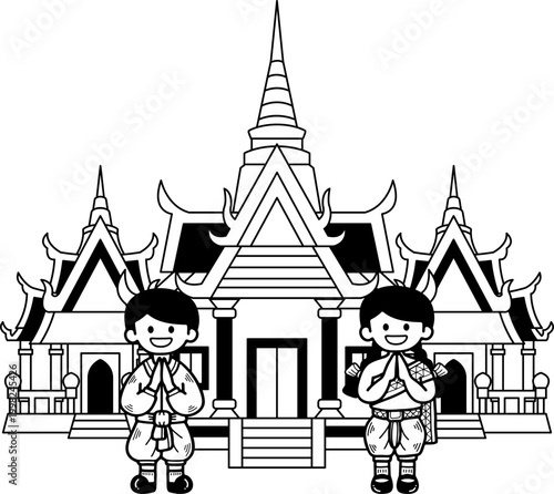 Two Thai children are standing and bowing in front of the temple
