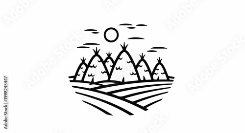 Stylized landscape with conical structures, rolling fields, and sun
