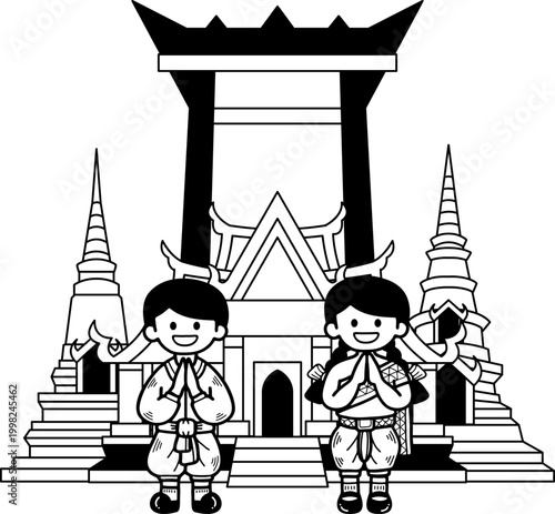 black and white illustration of Thai children stand and pay respects in front of a temple and a giant swing