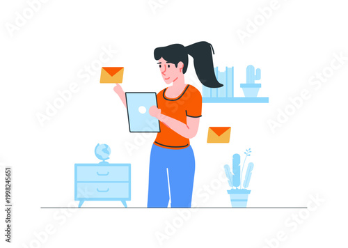 Create new message illustration with woman holding tablet and envelope letters, vector concept for compose email and messaging app