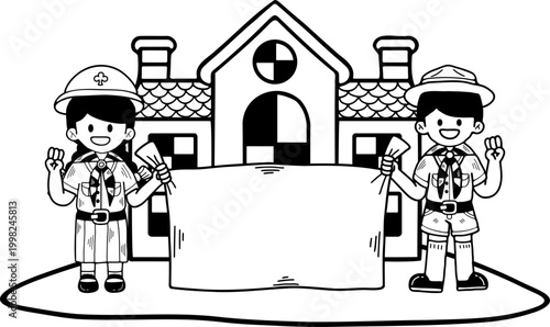 black and white illustration of Boy Scouts and Girl Scouts stood holding sign in front of the school