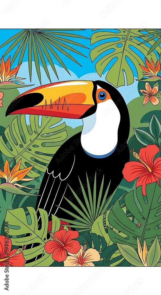 Obraz premium Colorful Toucan Bird Tropical Jungle Foliage.