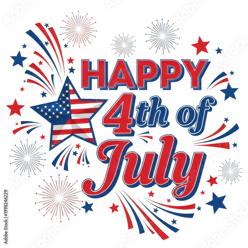 Happy 4th of july greeting with american flag star and fireworks isolated on transparent background