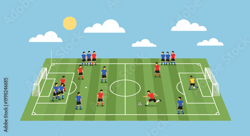 Football players compete on green field under sunny sky with clouds