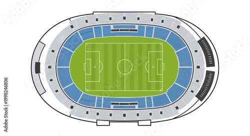 Aerial view of a football stadium with blue seats and green field
