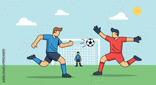 Two football players kick ball in stadium during sports event