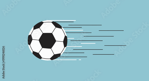A football player kicks a speeding soccer ball with motion lines.