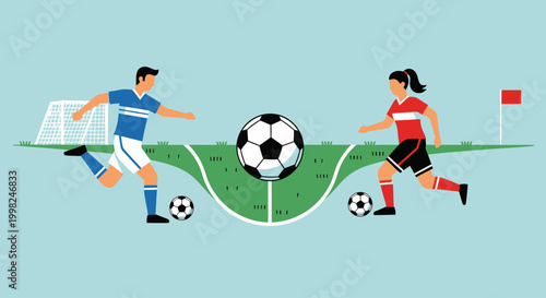 Football players kicking ball on green soccer field with goals