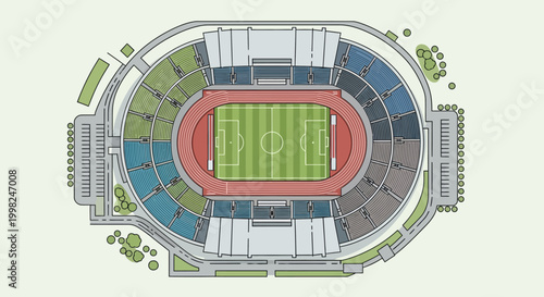 Overhead view of football stadium with field and seating areas