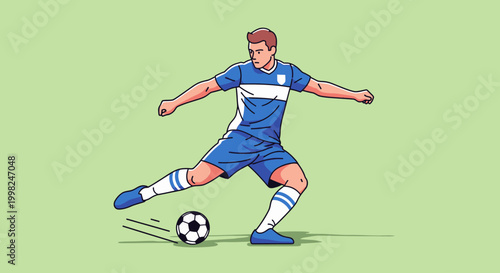 Man kicks football ball in blue uniform on green field actively