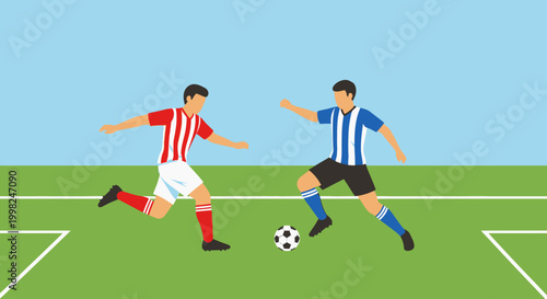 Two football players in action on a green field kicking ball