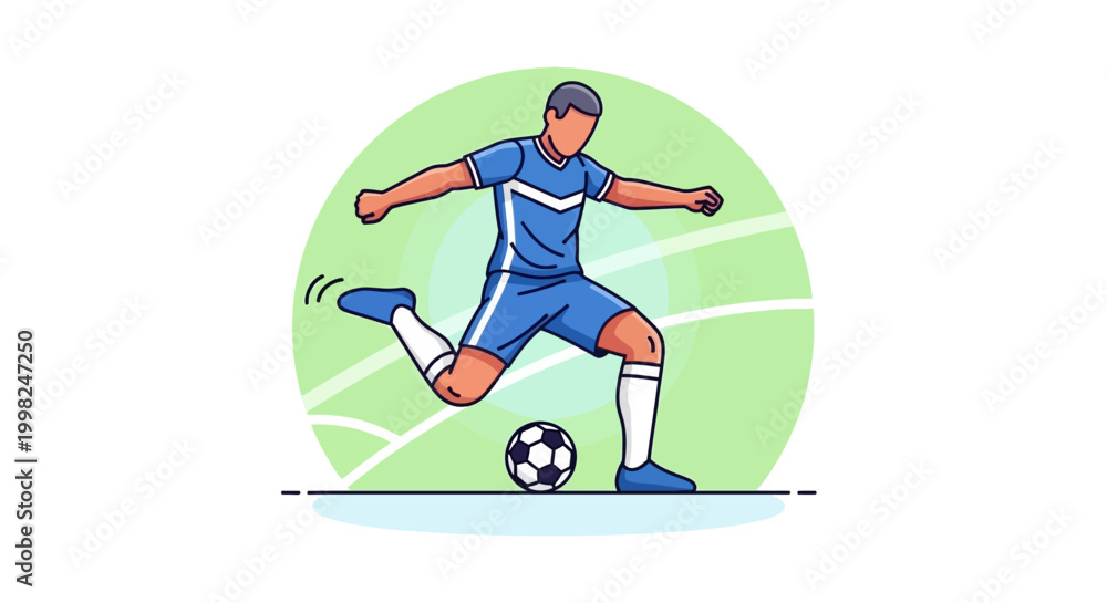 Fototapeta premium Man kicks football ball on green field in daytime stadium