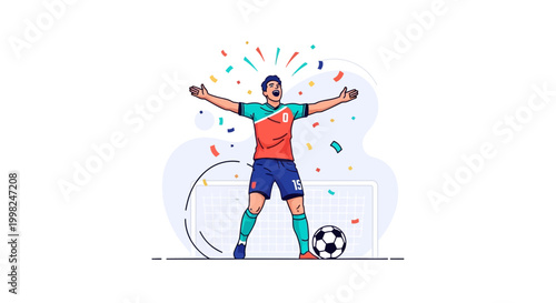 Man celebrating football victory with arms outstretched on field with ball