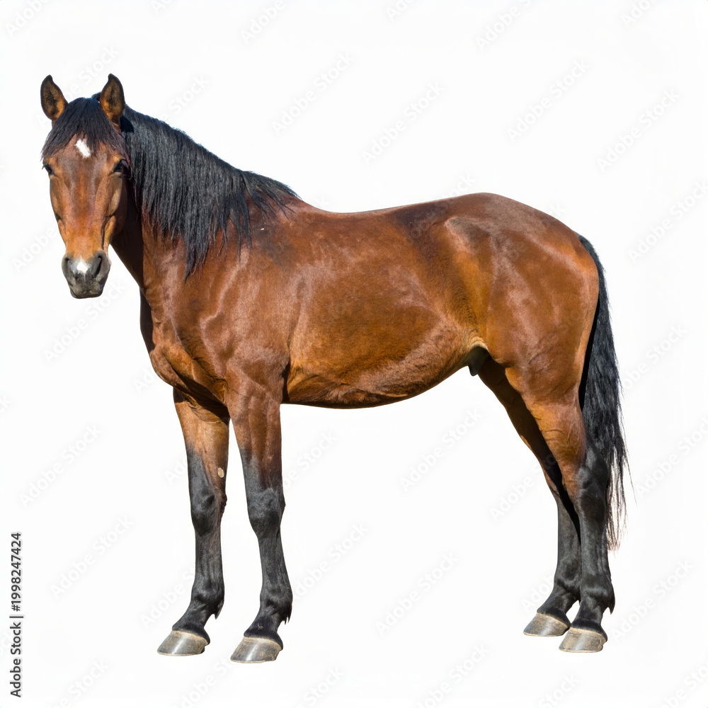 Fototapeta premium Bay horse standing calmly, isolated on white background for equine, farm and animal concepts