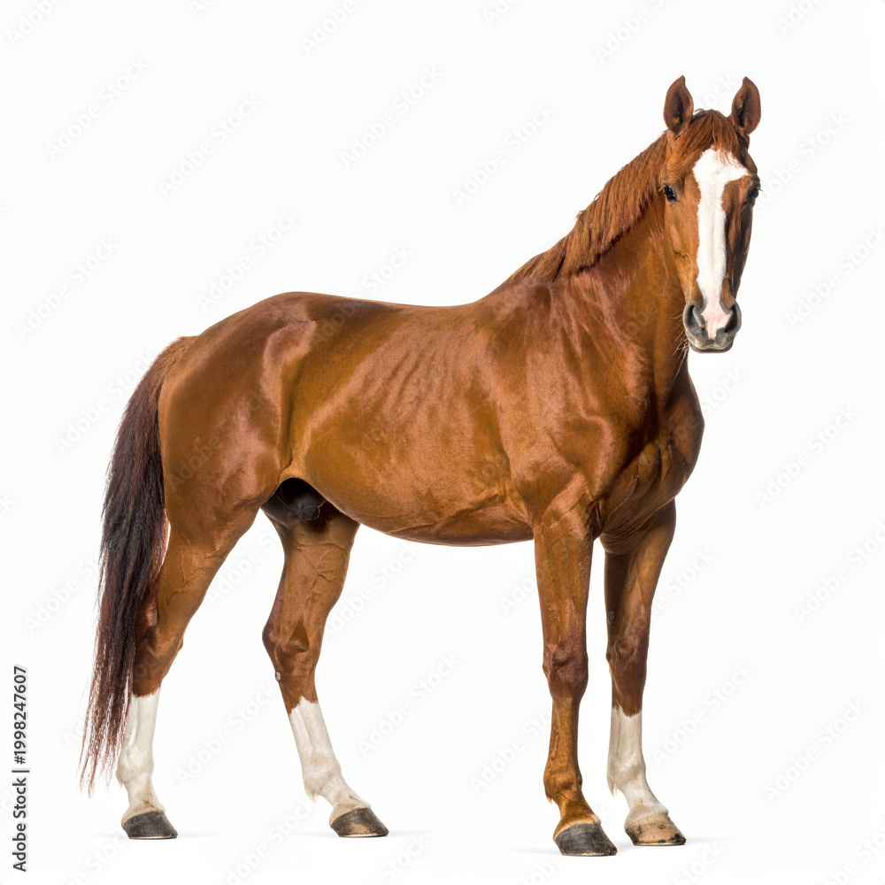 Fototapeta premium Bay horse standing calmly, isolated on white background for equine, farm and animal concepts