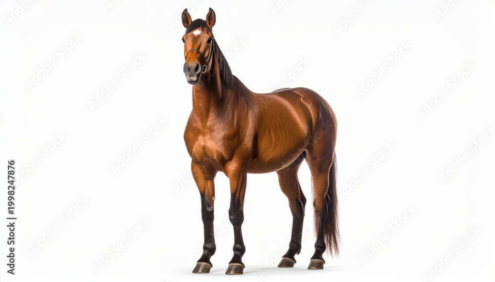 Obraz premium Bay horse standing calmly, isolated on white background for equine, farm and animal concepts