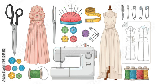 Comprehensive collection of sewing and tailoring equipment including a sewing machine fabric dress and various accessories.