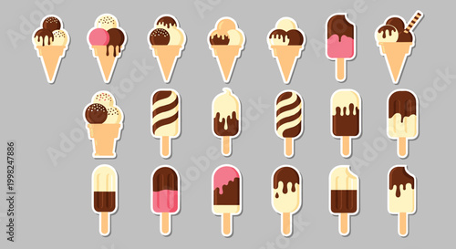 Large selection of delicious ice cream stickers showing different flavors of popsicles and cones on a grey background.