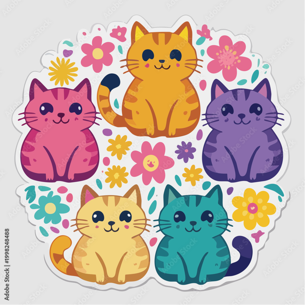 Obraz premium Cute Kawaii Cats and Flowers Sticker Design