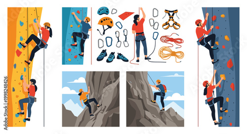 Comprehensive set of rock climbing and bouldering illustrations showing athletes in action along with essential safety gear and equipment icons.