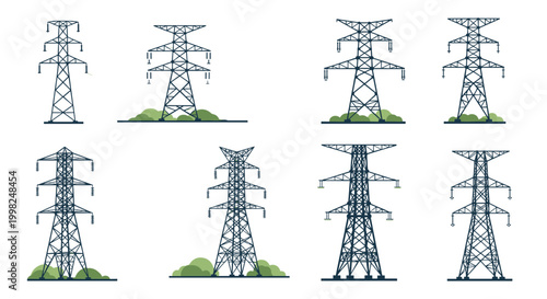 Set of high-voltage electrical power transmission towers and metal pylons for energy infrastructure, isolated on a simple white background.