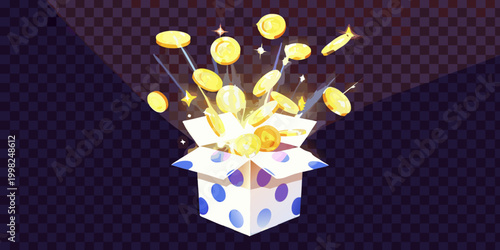 Open gift box with falling gold coins polka dot pattern