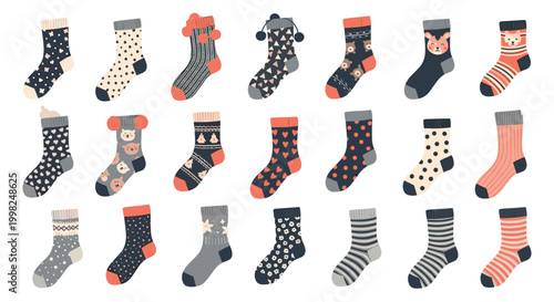 Large grid showing many pairs of colorful and patterned socks with various designs including hearts, stripes, polka dots, and animal faces.