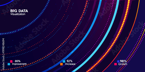 Big data visualization with glowing lines and percentage indicators