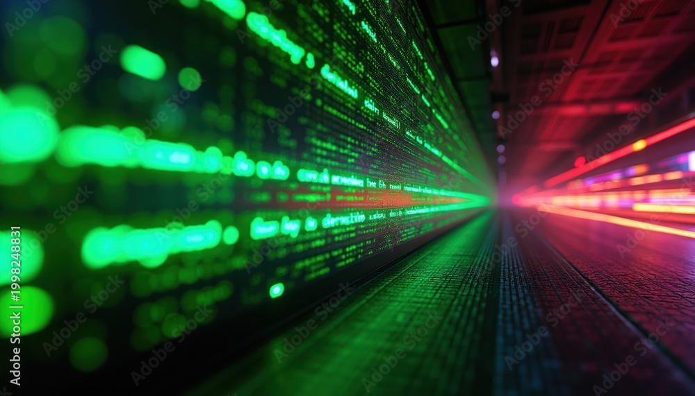 Fototapeta premium Digital stream of green neon code flows through futuristic tunnel with red light trails. Data network tunnel with abstract binary information glow. Cybersecurity and tech concept.