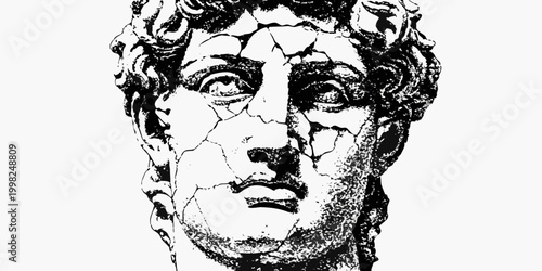 Broken statue head illustration black and white stippled art