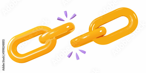 Glossy yellow chain links breaking apart 3d render
