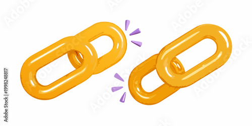 Glossy yellow chain links breaking apart illustration