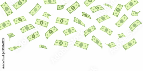 Falling money green banknotes isolated on white background