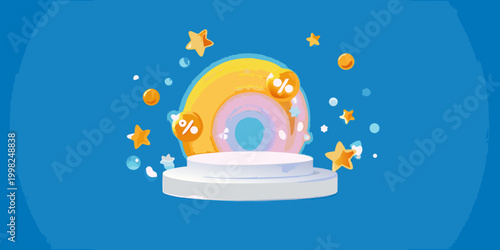 Colorful podium with celebratory elements 3d render illustration