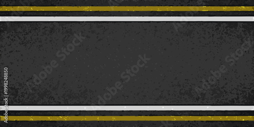 Asphalt road with yellow and white lane markings top down view