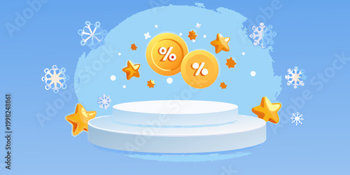 White tiered podium with golden stars and percent signs 3d illustration
