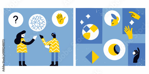 Illustration of two people interacting with abstract geometric shapes